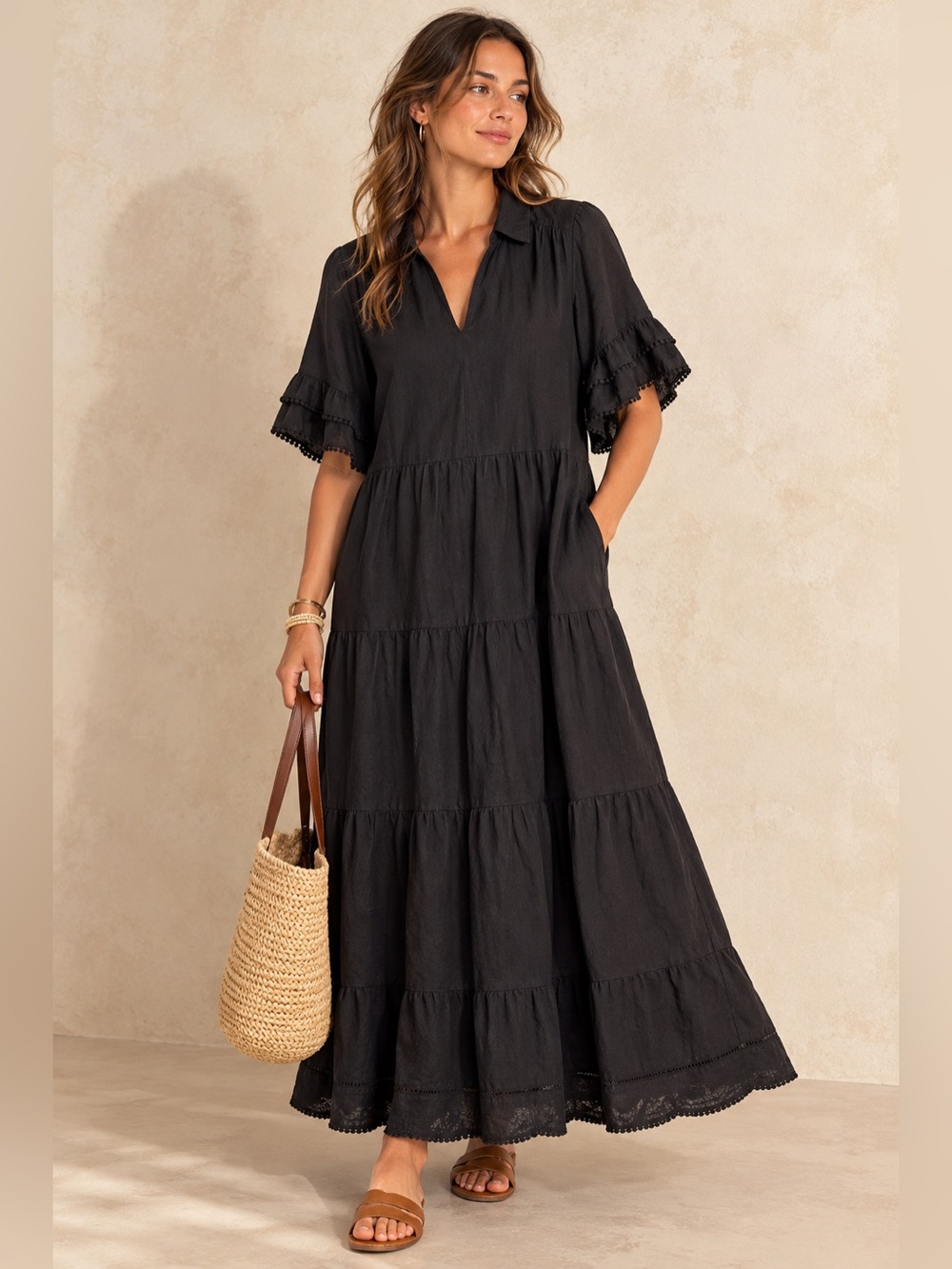 Chico's 100% Linen Tiered Maxi Black Dress